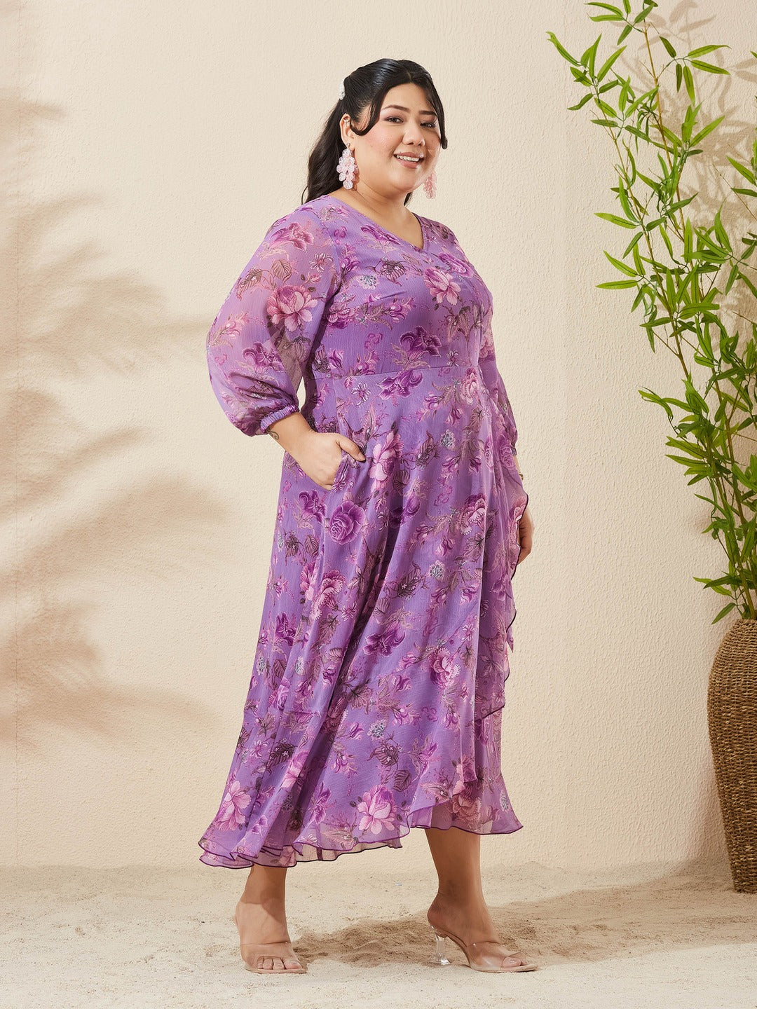 Lavender Floral V-Neck 3/4 Sleeve Wrap Chiffon Midi Dress for Women