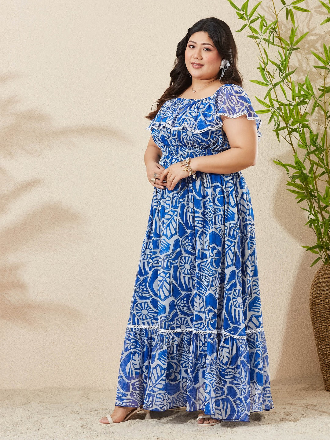 White And Blue Square Neck Cape Floral Tiered Maxi Chiffon Dress for Women