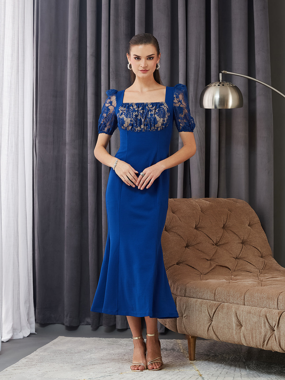 Royal Blue Square Neck Puff Sleeve Self Design Lace Overlaid Ankle Length Dress for Women