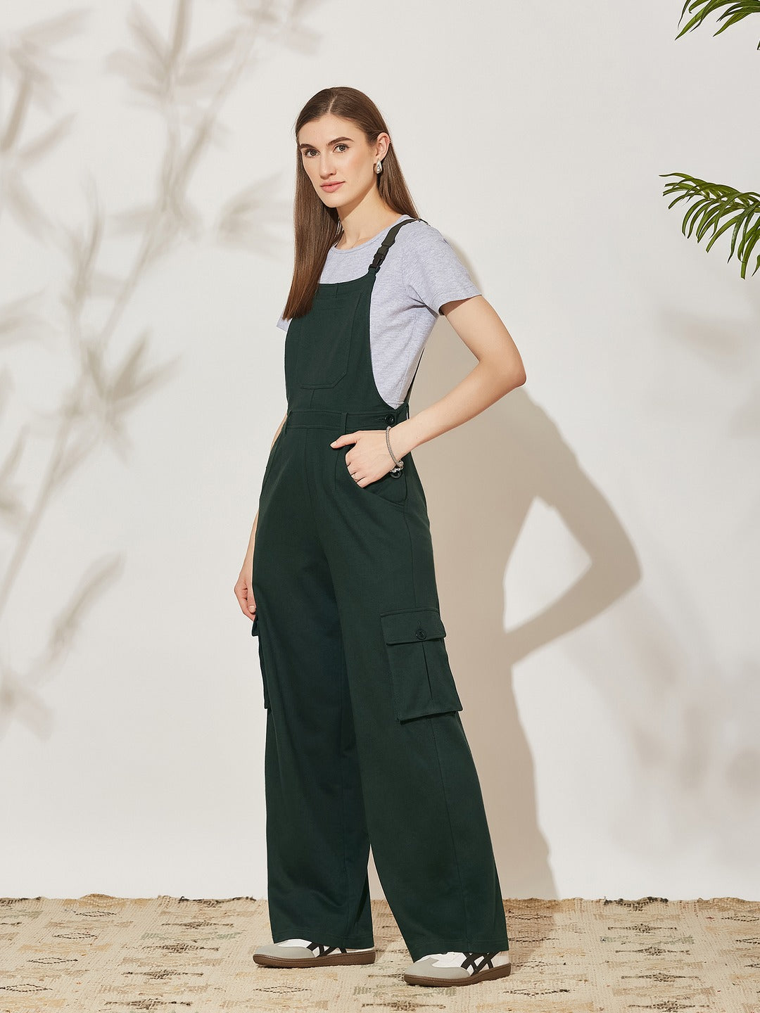 Bottle-Green Square Neck Sleeveless Solid Wide Leg Full Length Cotton Dungaree for Women