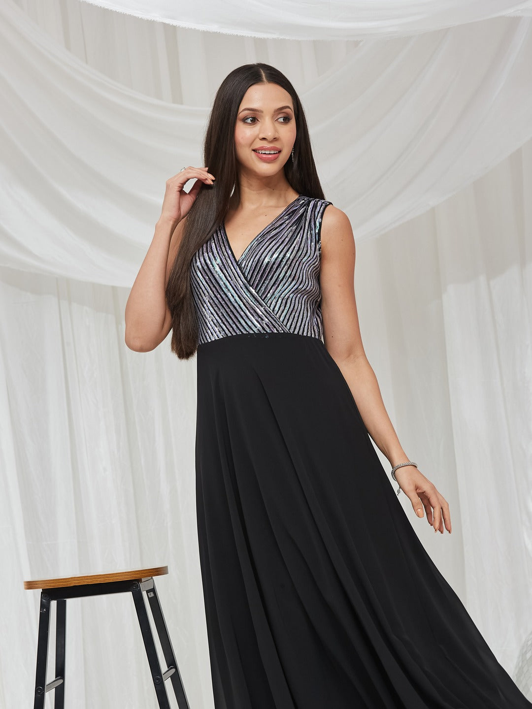 Black V-Neck Sleeveless Embellished Wrap Maxi Georgette Dress for Women