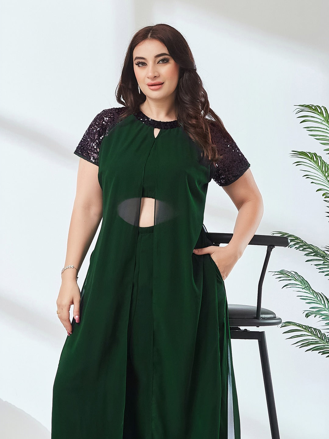 Dark Green Round Neck Raglan Sleeve Solid Layered Regular Jumpsuit for Women