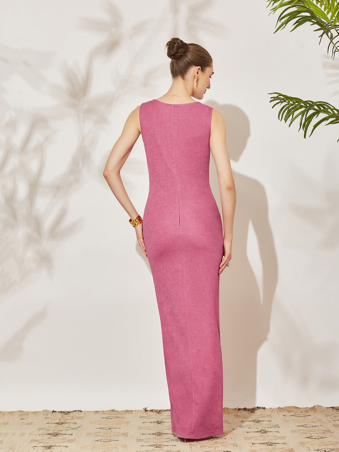 Pink Asymmetric Cowl Sleeveless Solid Bodycon Maxi Polyester Dress for Women