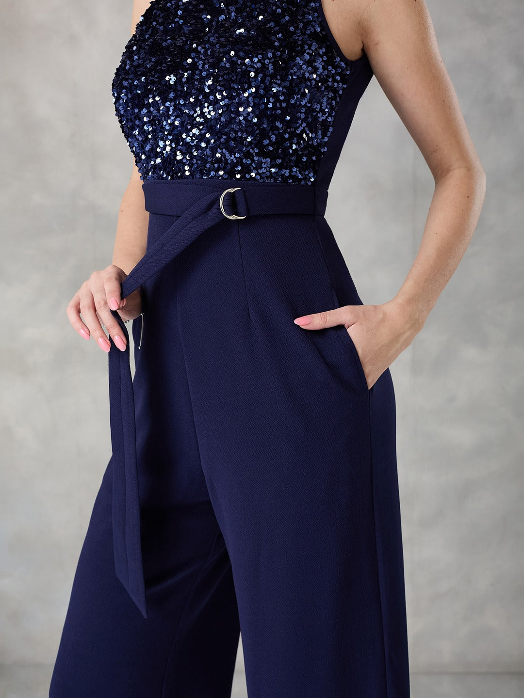 Navy Blue Halter Neck Sleeveless Embellished Jumpsuit for Women