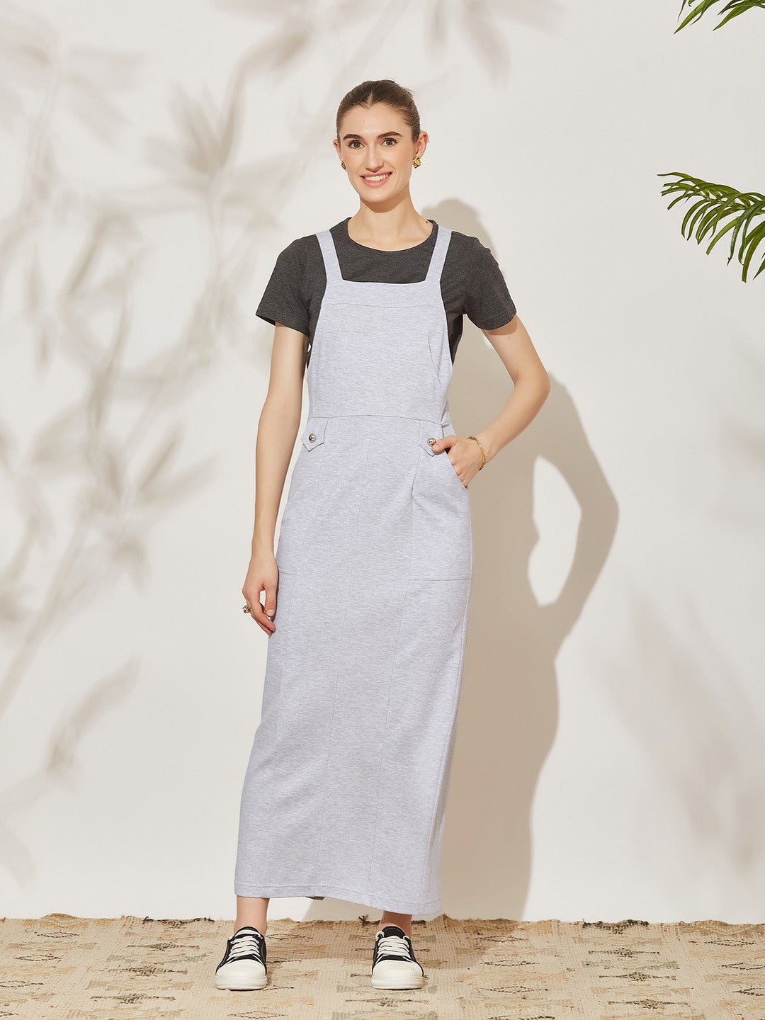 Grey and Black Solid Cotton Pinafore Maxi Co-ord Set with Utility Pockets for Women
