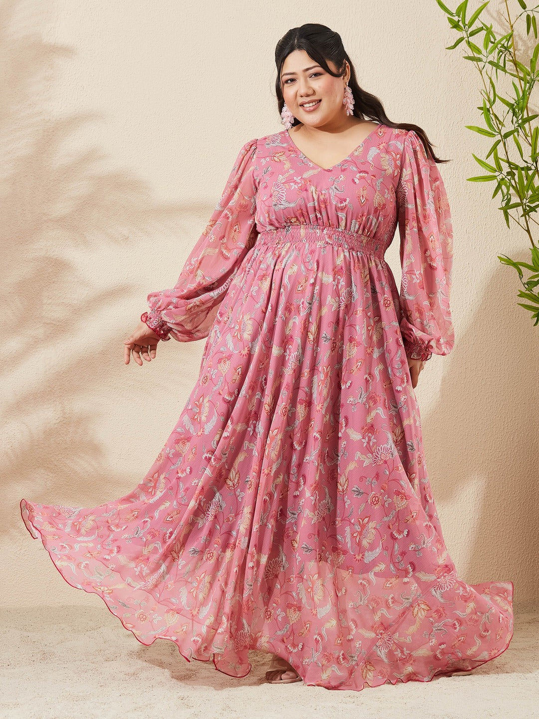 Desert Pink Floral V-Neck Bishop Sleeve Smocked Chiffon Maxi Dress for Women