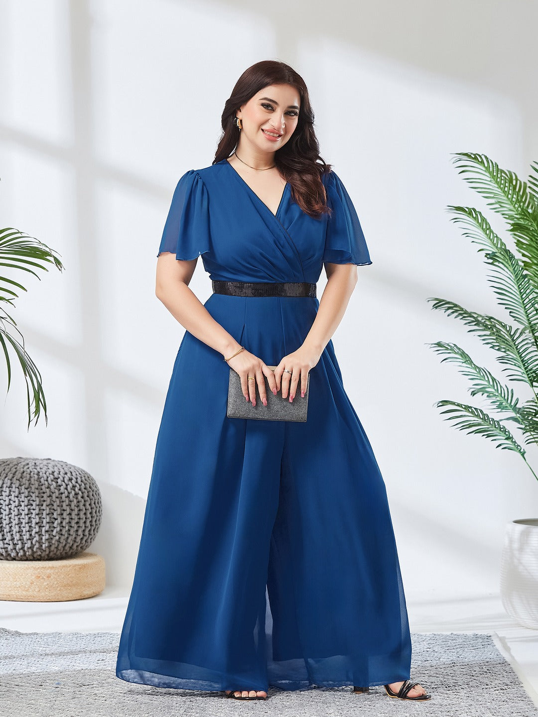 Royal Blue Solid Relaxed Fit Short Sleeve V-Neck Ankle-Length Straight Jumpsuit  for Women