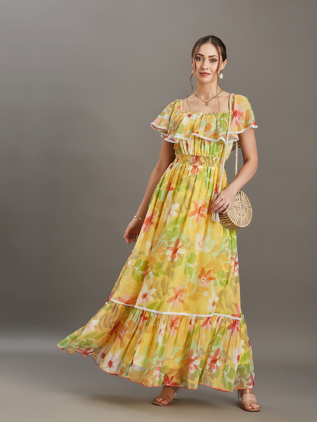 Butter Yellow Square Neck Cape Floral Tiered Maxi Chiffon Dress for Women