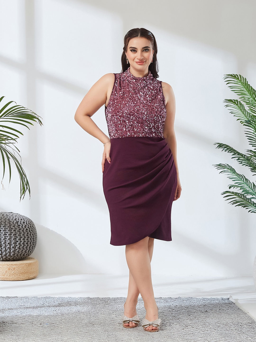 Dark Purple Halter Neck Sleeveless Embellished Pleated Above-Knee Dress for Women