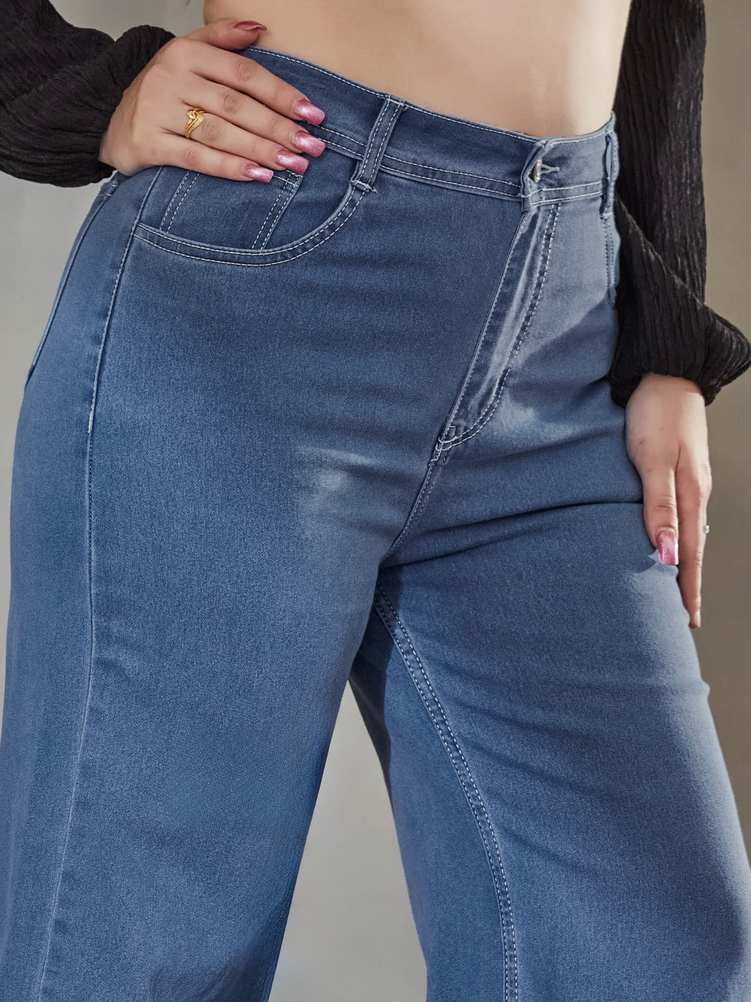 Blue Wide leg High rise Regular Stretchable Denim Jeans for Women