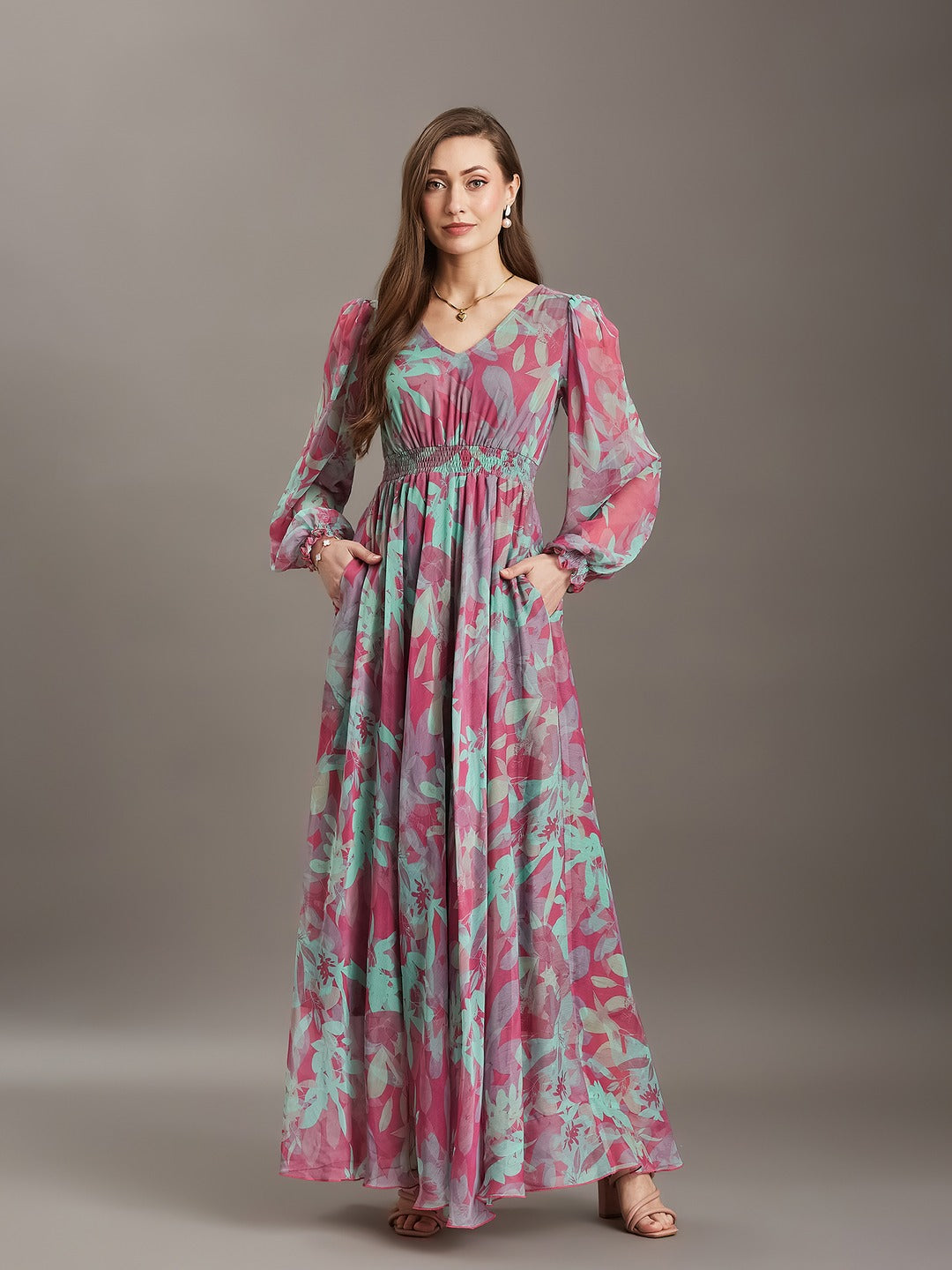 Pink & Mint Floral V-Neck Smocked Bishop Sleeve Maxi Chiffon Dress for Women