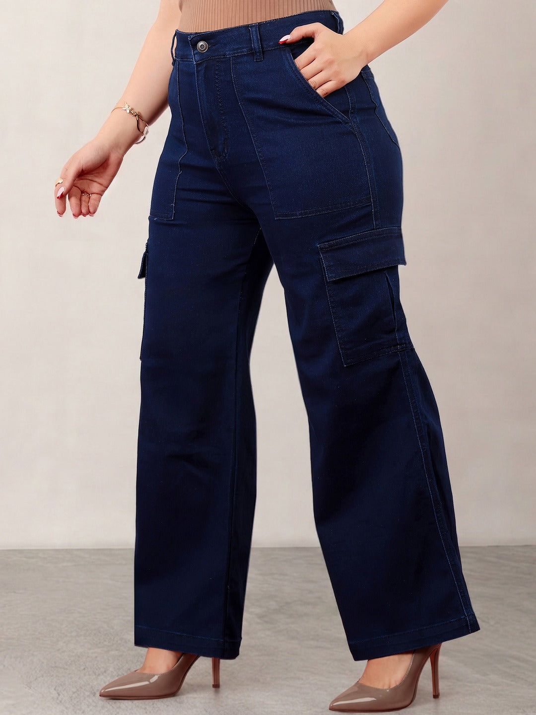 Navy Blue Wide-Leg High-Rise Stretchable Denim Cargo Jeans for Women