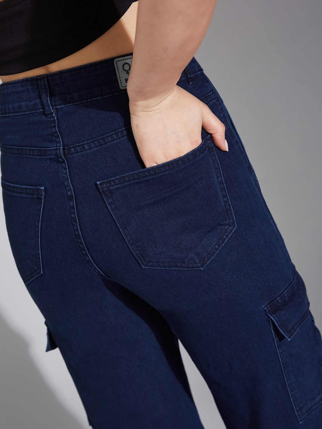 Navy Blue Wide-Leg High-Rise Stretchable Denim Cargo Jeans for Women