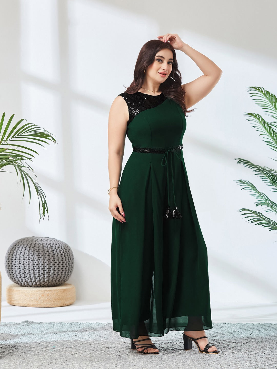Green Solid Relaxed Fit Sleeveless Round Neck Ankle-Length Straight Jumpsuit  for Women