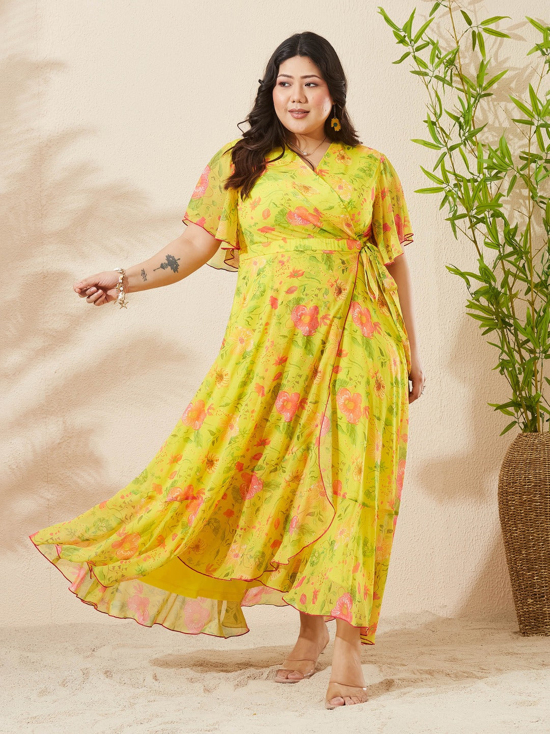 Acid Yellow V-Neck Flared Floral Overlap/Tie-Up Maxi Chiffon Dress for Women