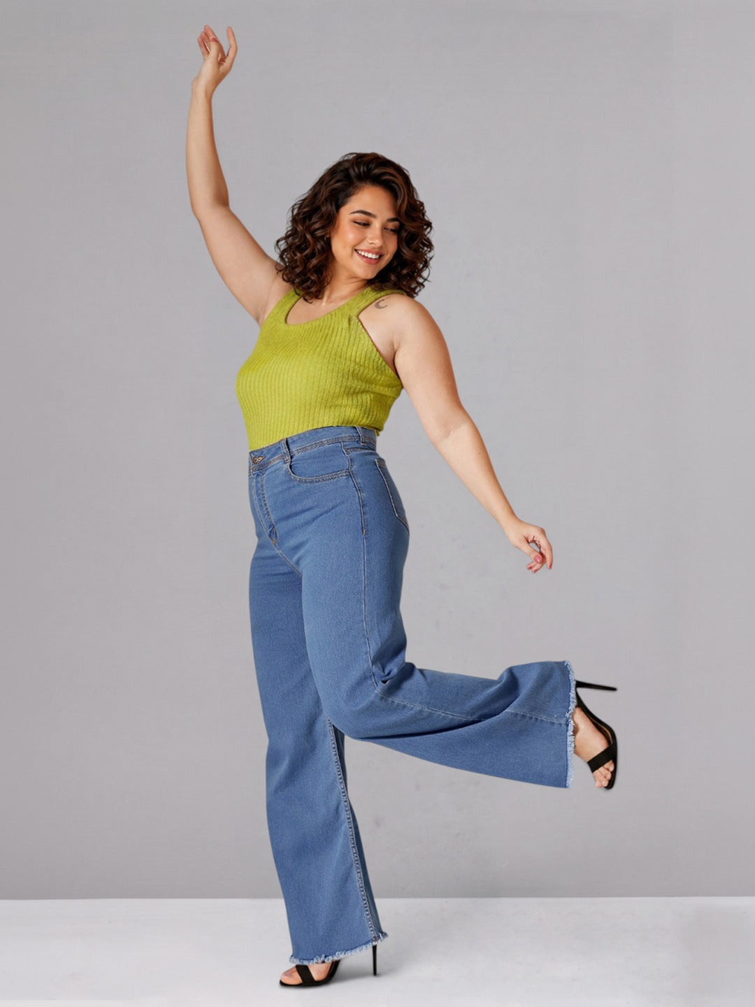 Mid Blue Wide-Leg High-Rise Stretchable Denim Jeans for Women