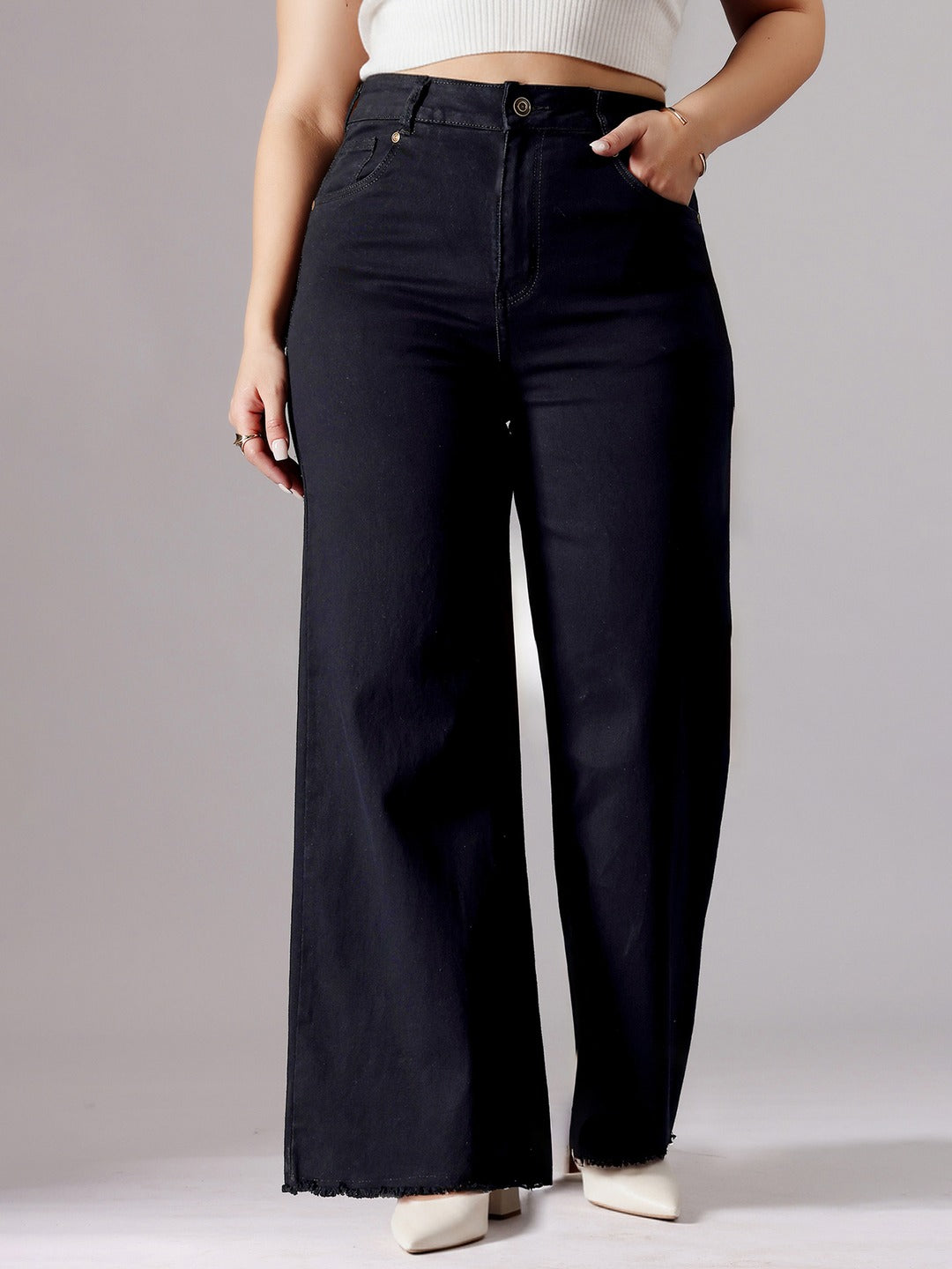 Black High Rise Stretchable Wide Leg Denim Jeans for Women