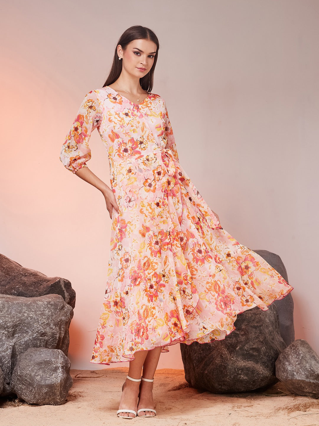 Pink & Orange V-Neck Bishop Floral Layered Chiffon Maxi Dress for Women