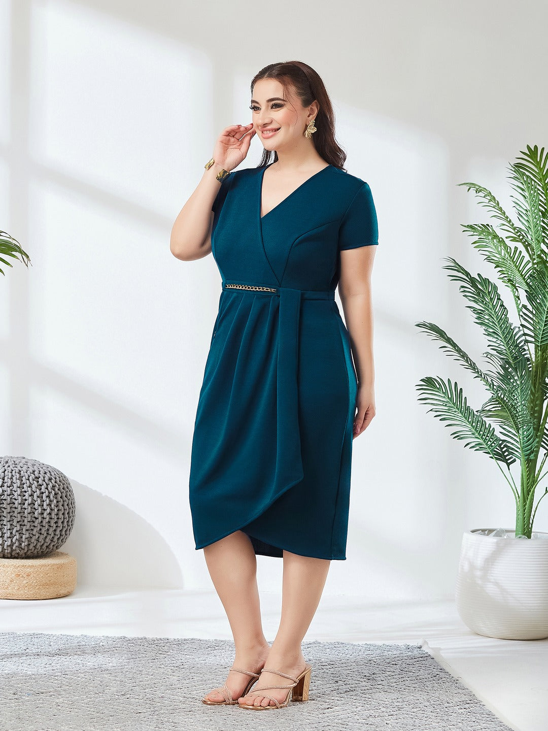 Teal Wrap-Styled Short Sleeve Solid Pleated Knee-Long Dress for Women