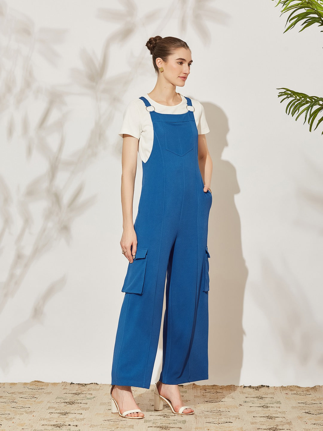 Azure Blue Round Neck Half Sleeve Solid Polyester Regular Fit Dungaree Co-Ord Set for Women