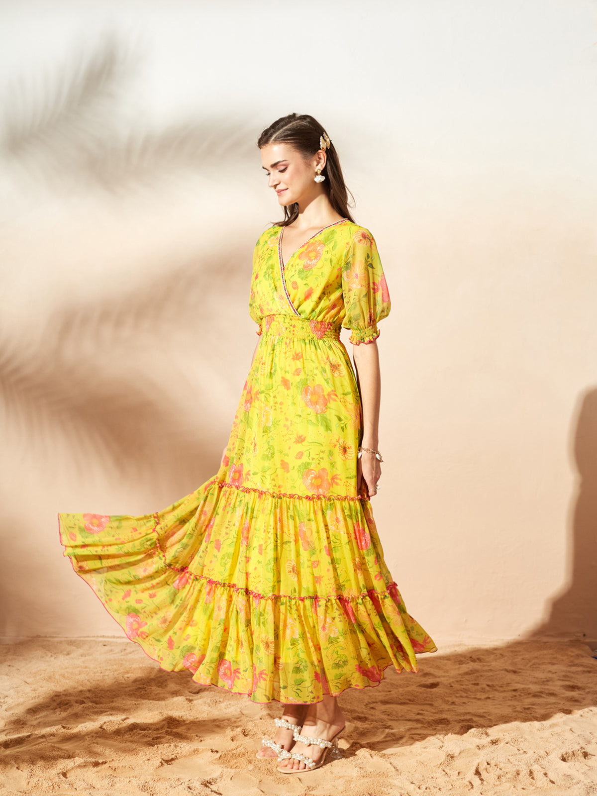 Acid Yellow V-Neck Puff Floral Overlap/ Tiered Maxi Chiffon Ethnic Dress for Women