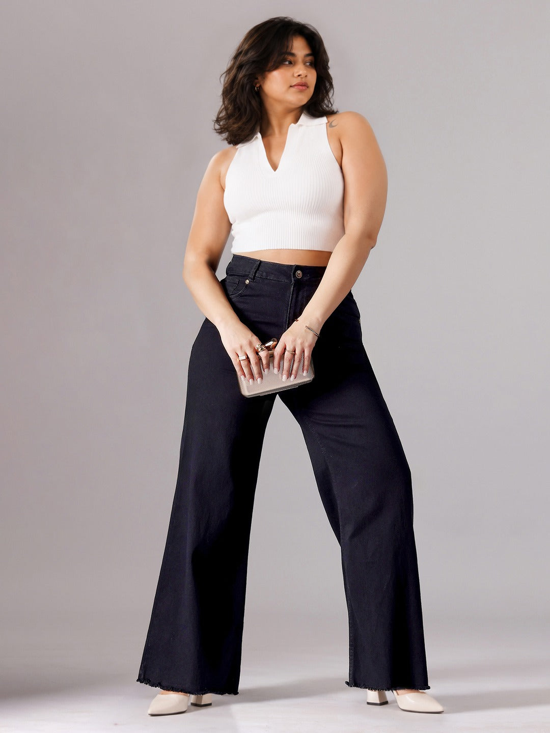 Black High Rise Stretchable Wide Leg Denim Jeans for Women
