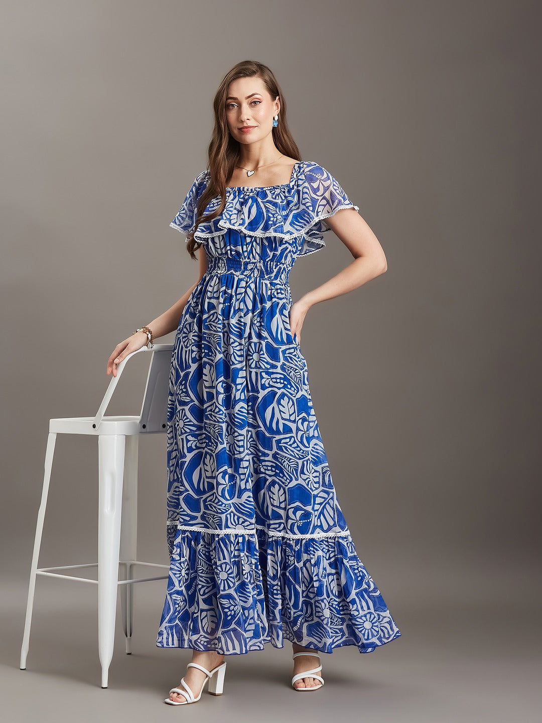 White And Blue Square Neck Cape Floral Tiered Maxi Chiffon Dress for Women
