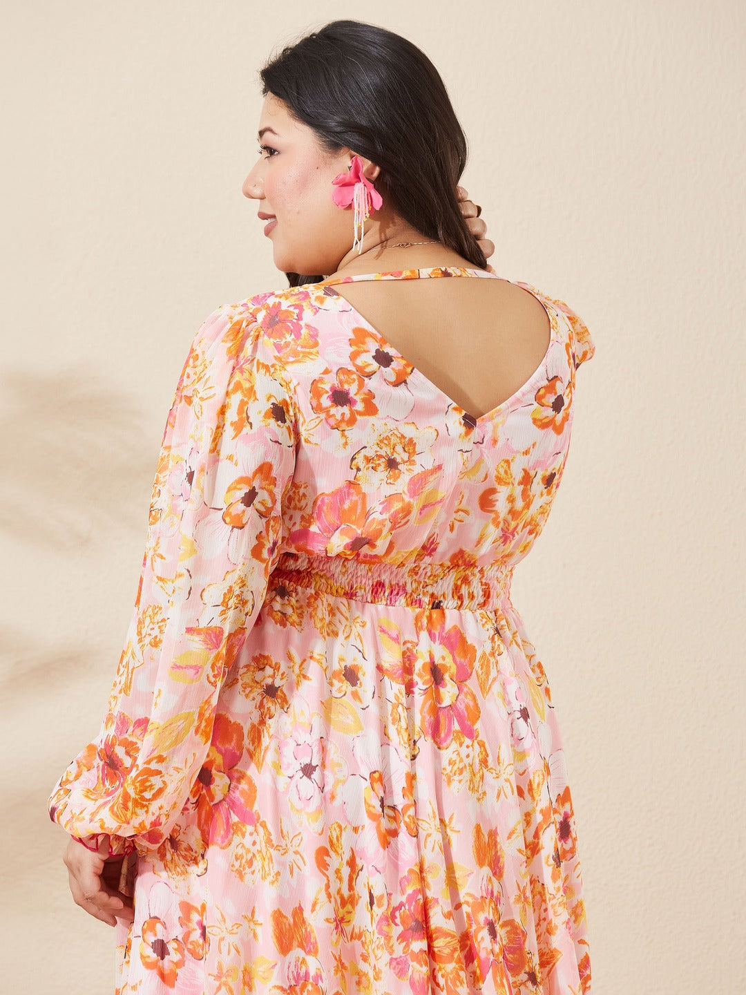 Pink & Orange Floral V-Neck Smocked Bishop Sleeve Maxi Chiffon Dress for Women