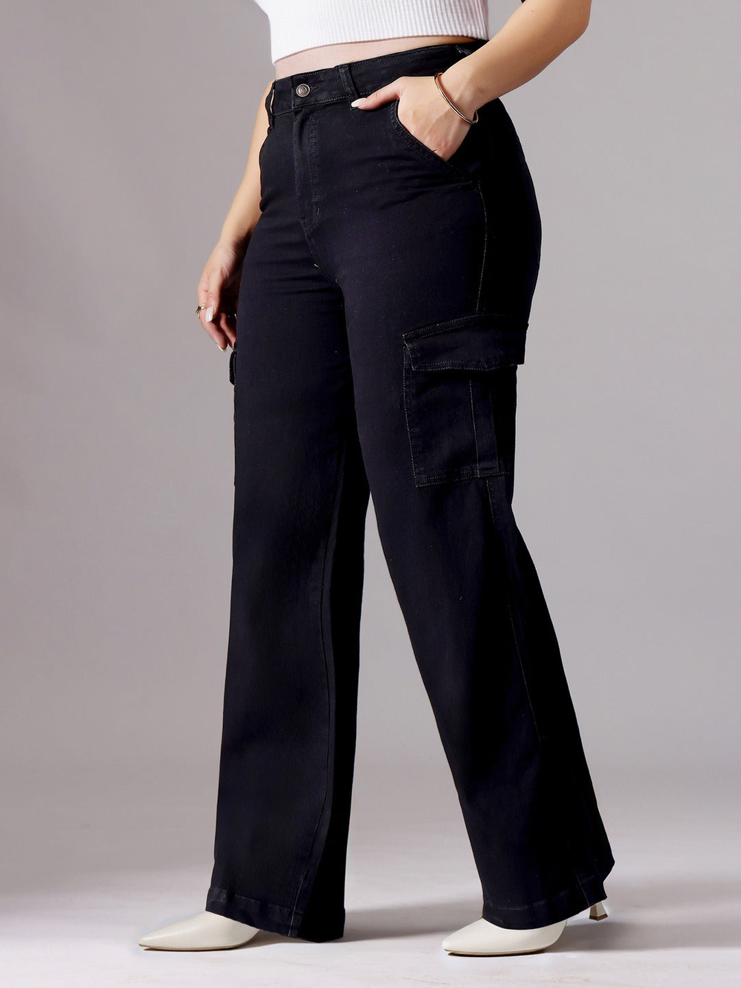 Black Wide-Leg High-Rise Stretchable Denim Jeans for Women