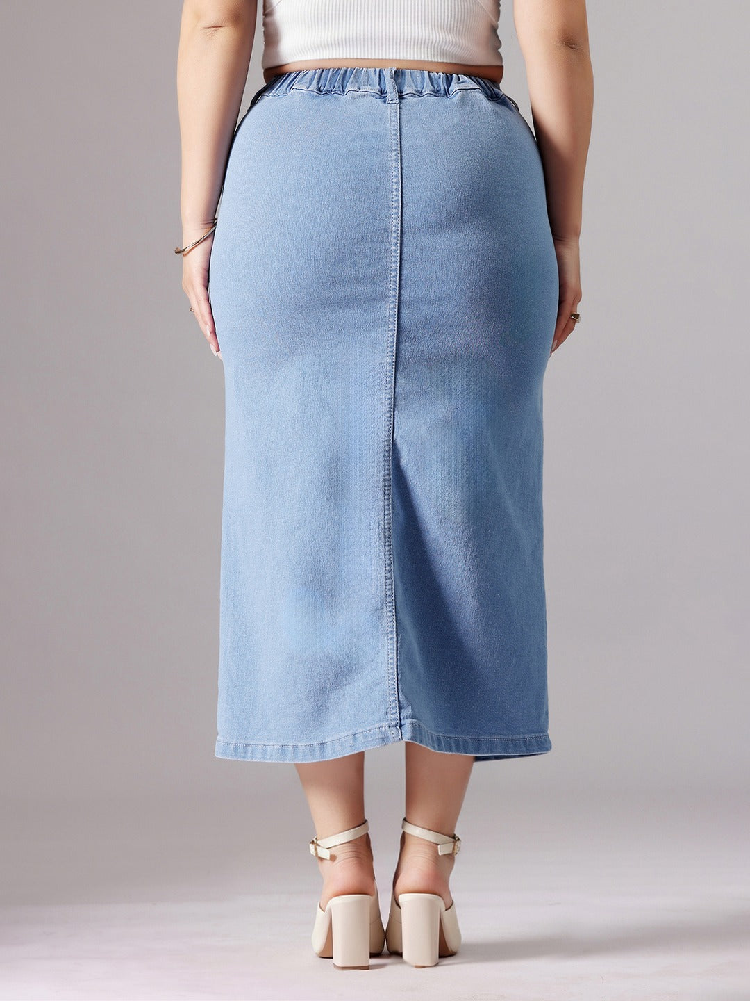 Light Blue Straight Fit High Rise Stretchable Denim Midi Skirt for Women