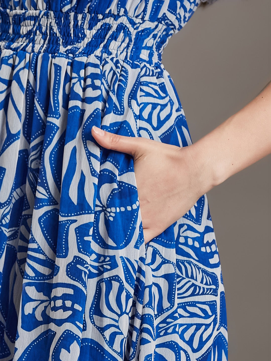 White And Blue Square Neck Cape Floral Tiered Maxi Chiffon Dress for Women