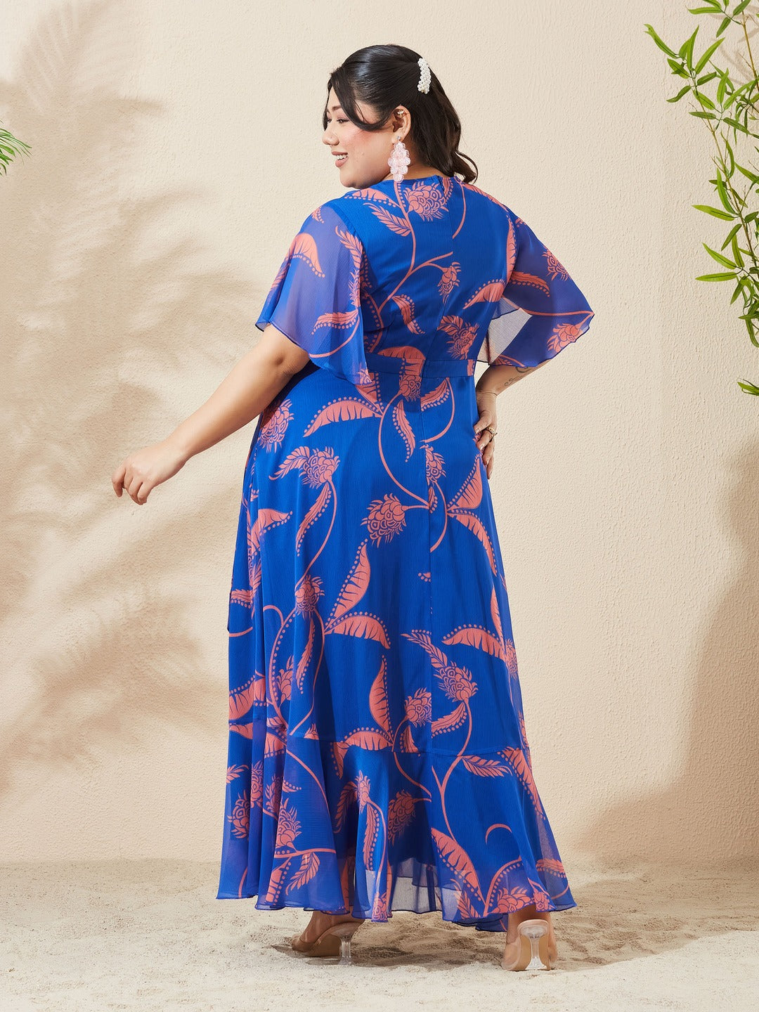 Royal Blue And Coral V-Neck Flared Floral Overlap/Tie-Up Maxi Chiffon Dress for Women