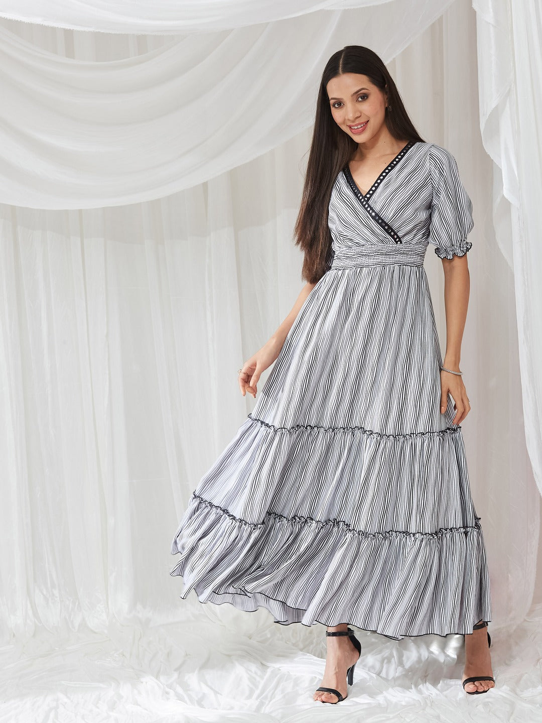 Black and White Overlapped Puff Sleeve Striped Wrap Crepe Maxi Dress for Women