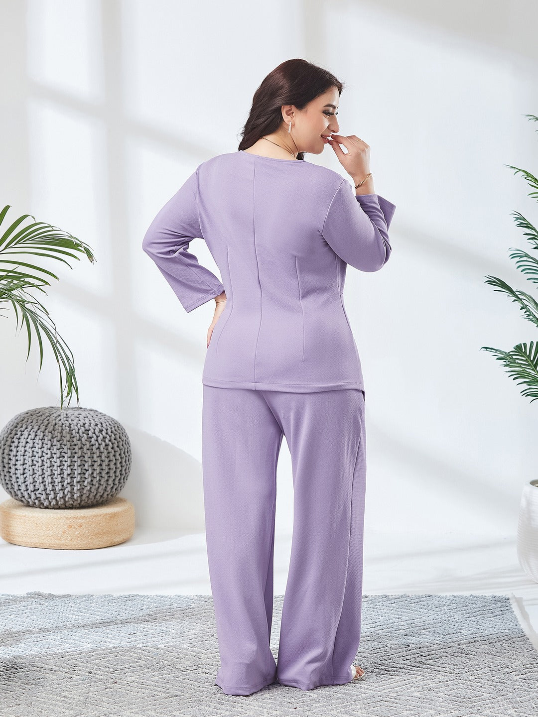 Light Lavender Asymmetric Shawl Collar 3/4 Sleeve Solid Pleated Regular Co Ord Set for Women