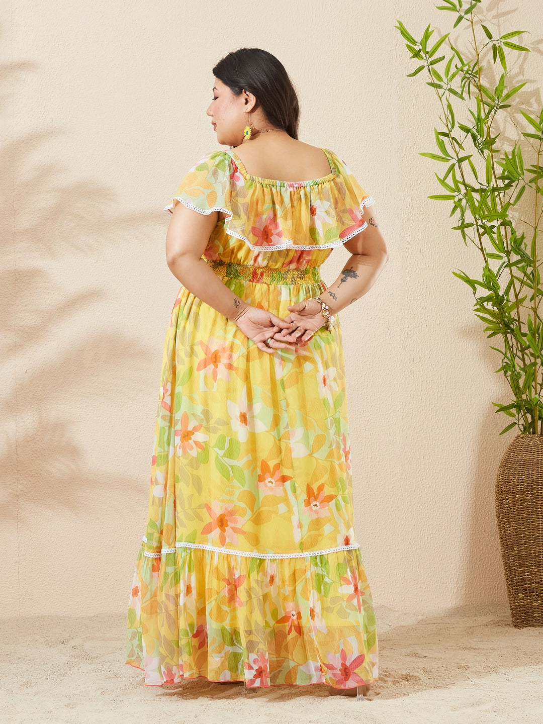 Butter Yellow Square Neck Cape Floral Tiered Maxi Chiffon Dress for Women