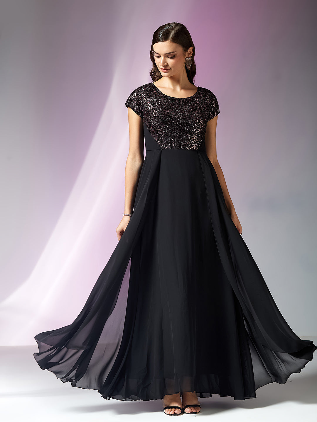Black Round Neck Short Sleeve Embellished Fit & Flare Maxi Georgette Dress for Women