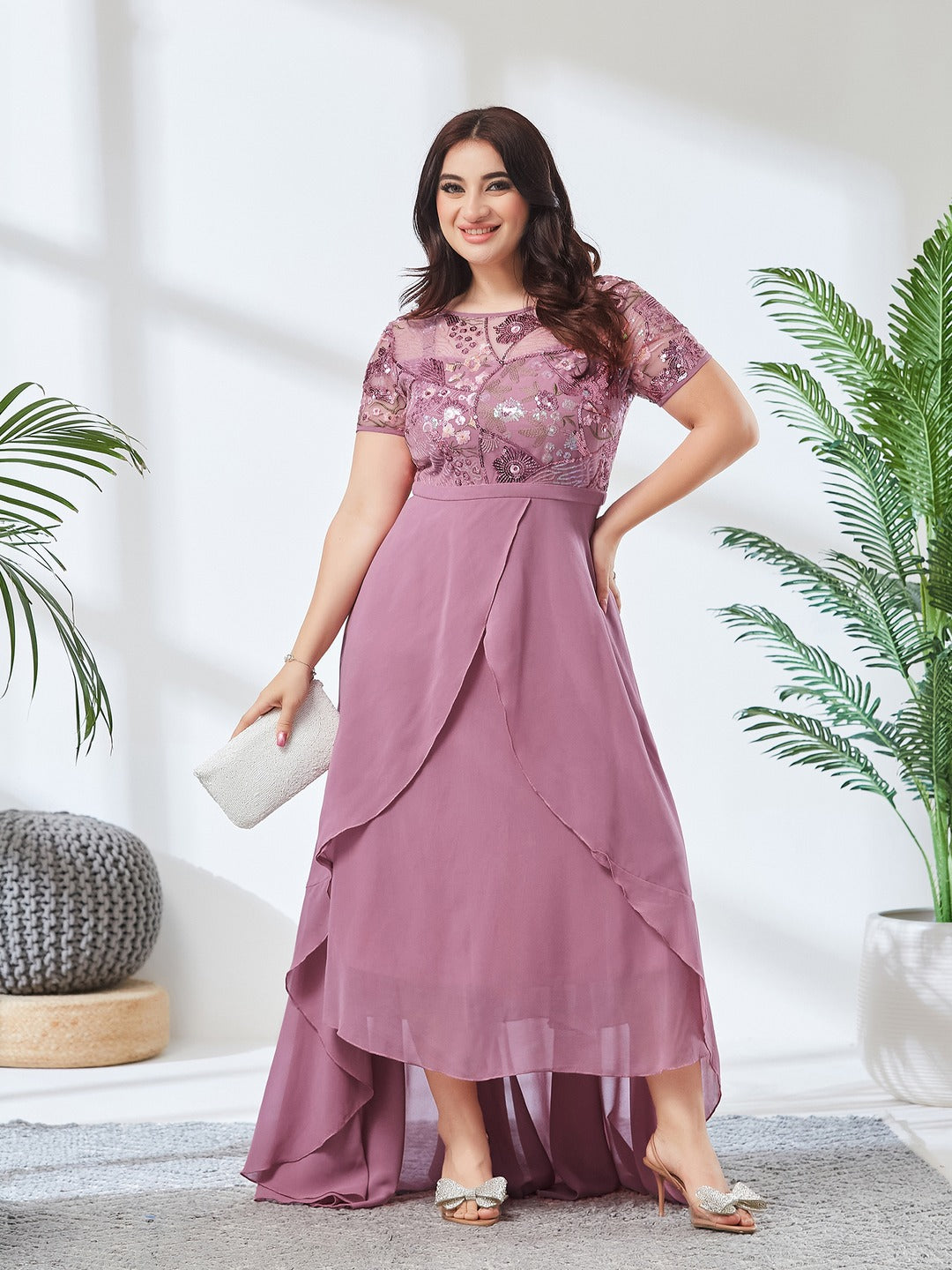 Dusty Lavender Round Neck Short Sleeve Floral Layered Georgette Midi Dress for Women