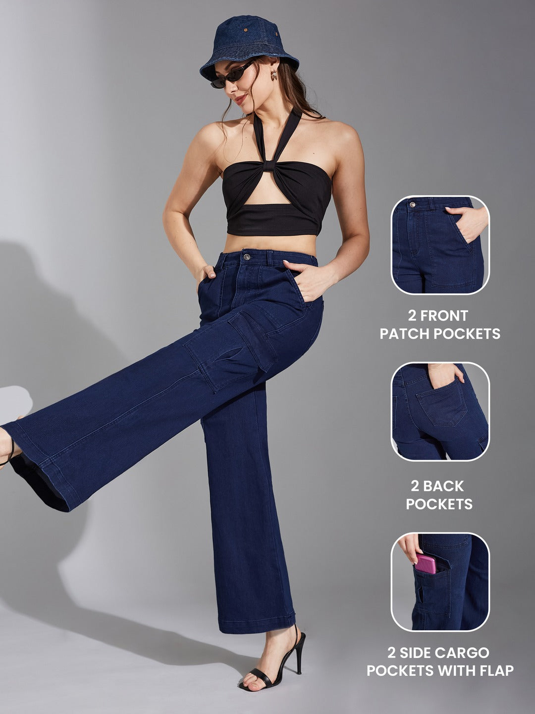 Navy Blue Wide-Leg High-Rise Stretchable Denim Cargo Jeans for Women