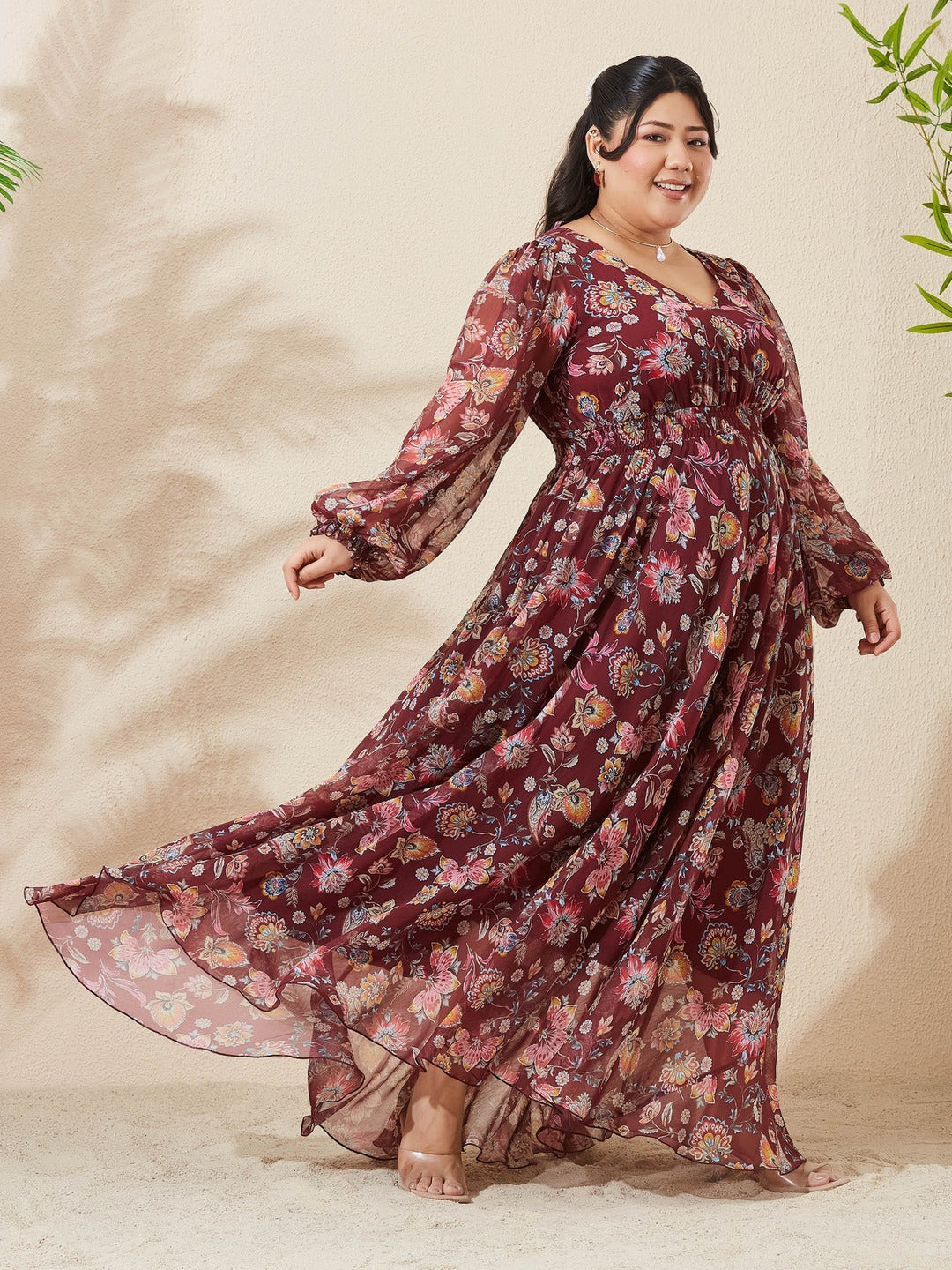 Burgundy Floral V-Neck Bishop Sleeve Smocked Chiffon Maxi Dress for Women