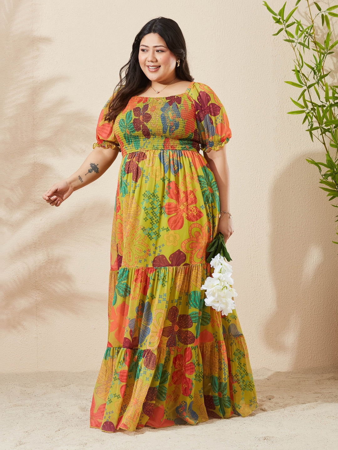Lime Green Square Neck Puff Sleeve Floral Fit And Flare Maxi Chiffon Dress for Women