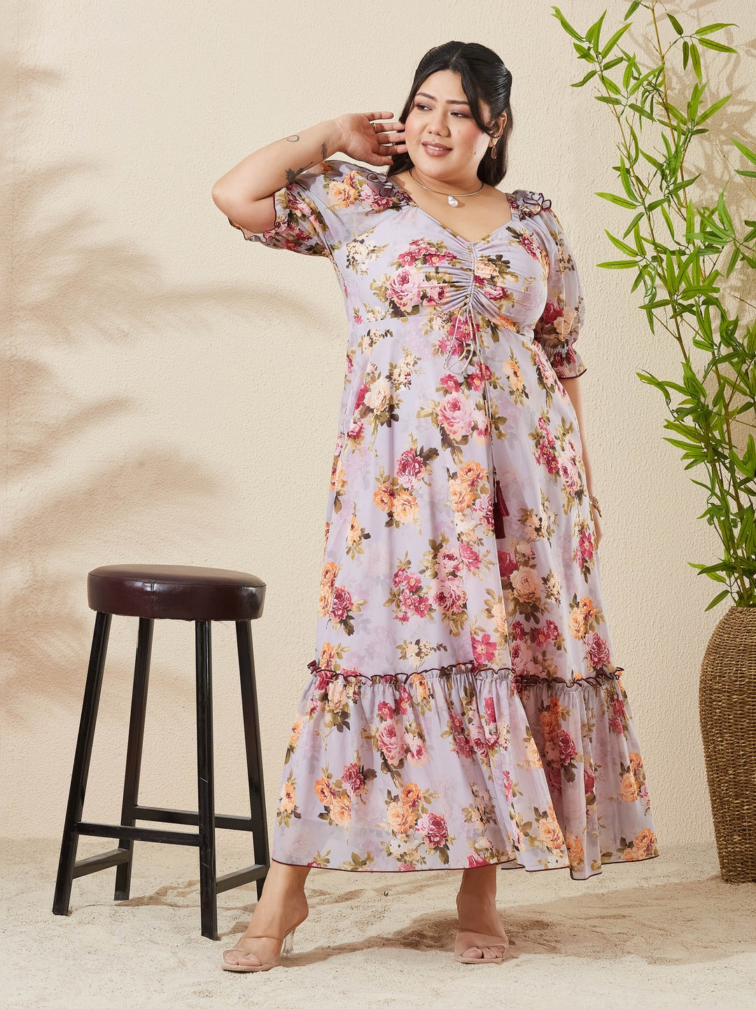 Light Grey Sweetheart Puff Sleeve Tiered Georgette Maxi Dress for Women