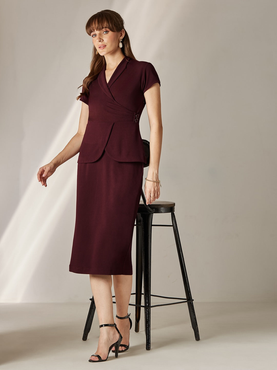 Wine Collared Short-Sleeve Solid Pleated Knee-Long Co-Ord Set for Women