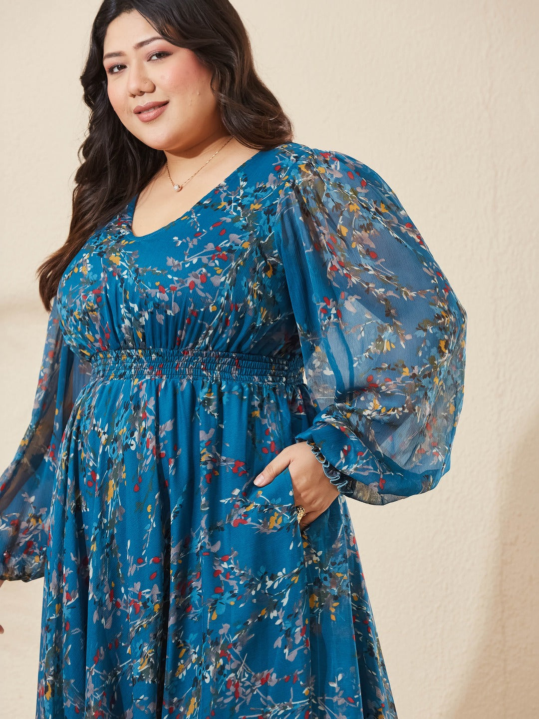 Teal V-Neck Smocked Bishop Sleeve Floral Gathered Chiffon Maxi Dress for Women