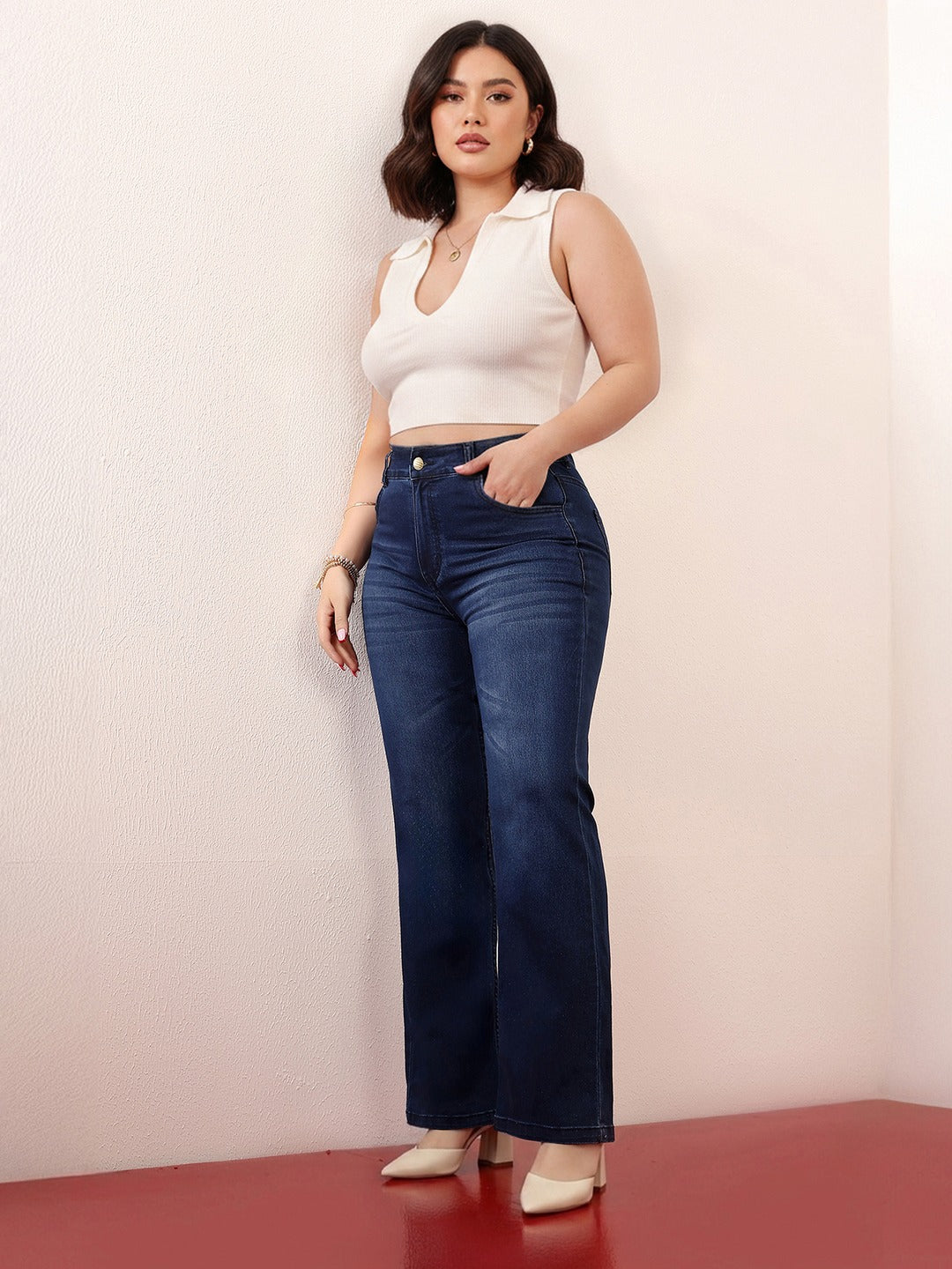 Navy Blue High-Rise Stretchable Bootcut Denim Jeans for Women