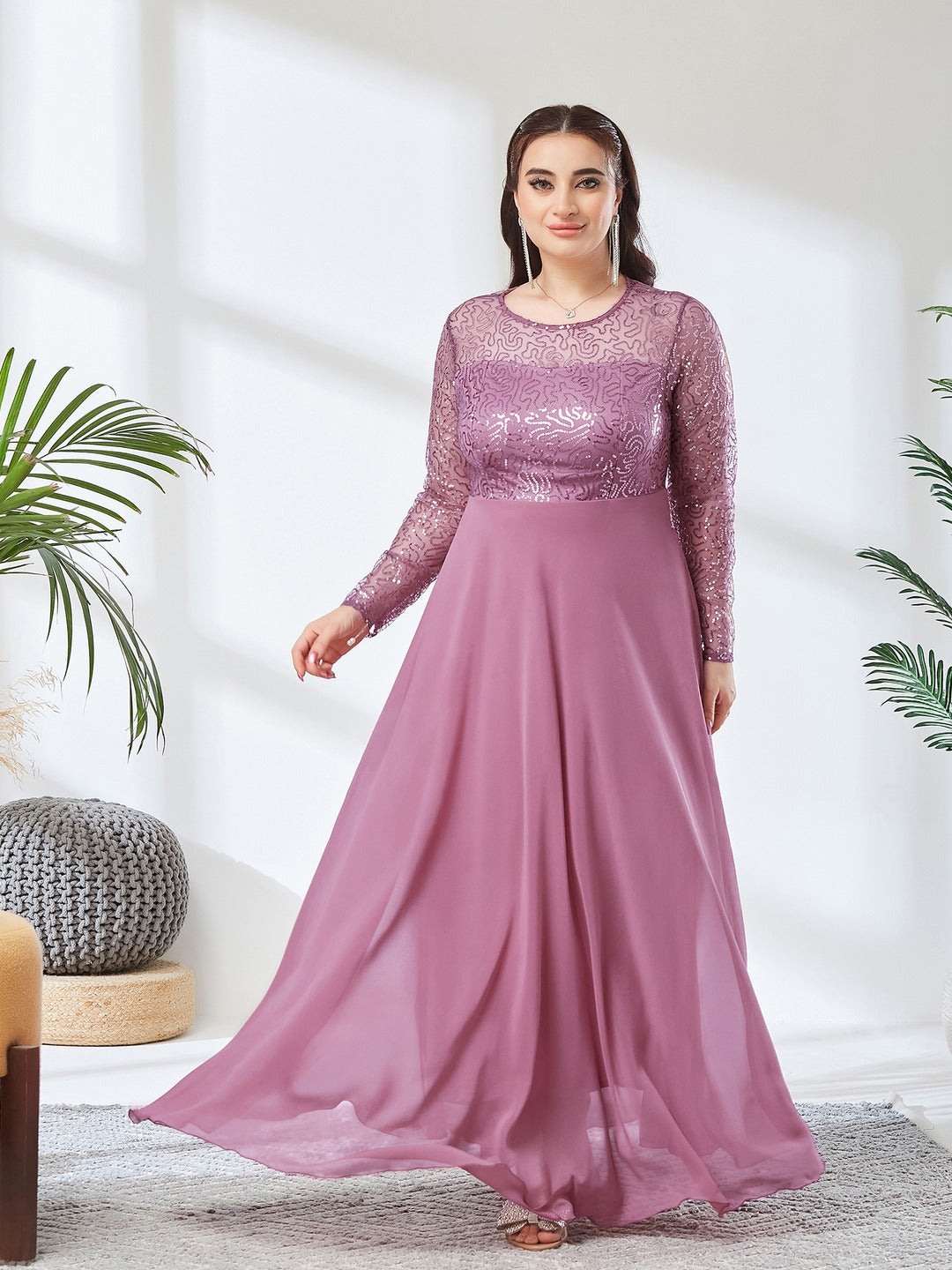 Dusty Lavender Solid Embellished Maxi Dress for Women