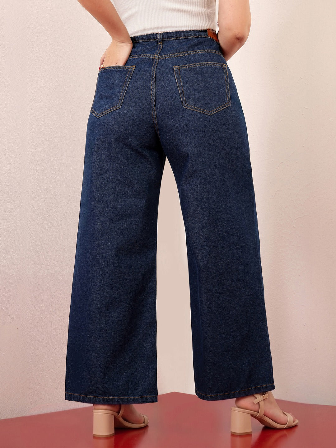 Navy Blue Wide-Leg High-Rise Non-stretchable Denim Jeans for Women