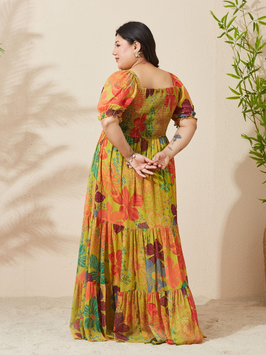 Lime Green Square Neck Puff Sleeve Floral Fit And Flare Maxi Chiffon Dress for Women