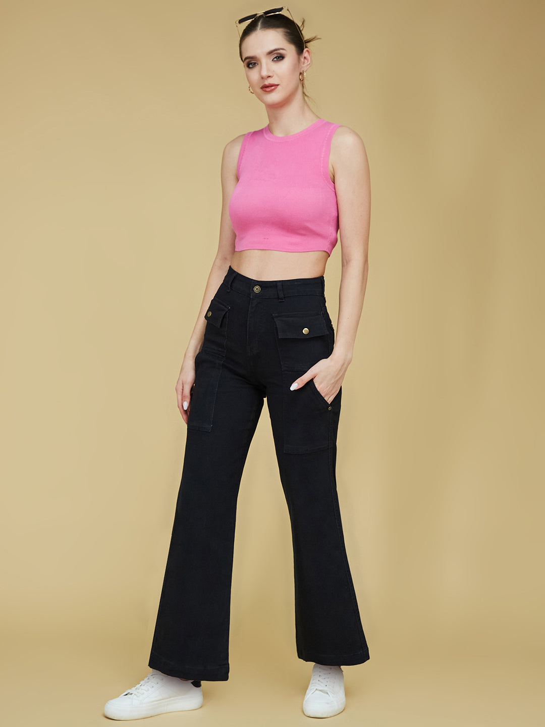 Black flared High-Rise Stretchable Denim Jeans for Women
