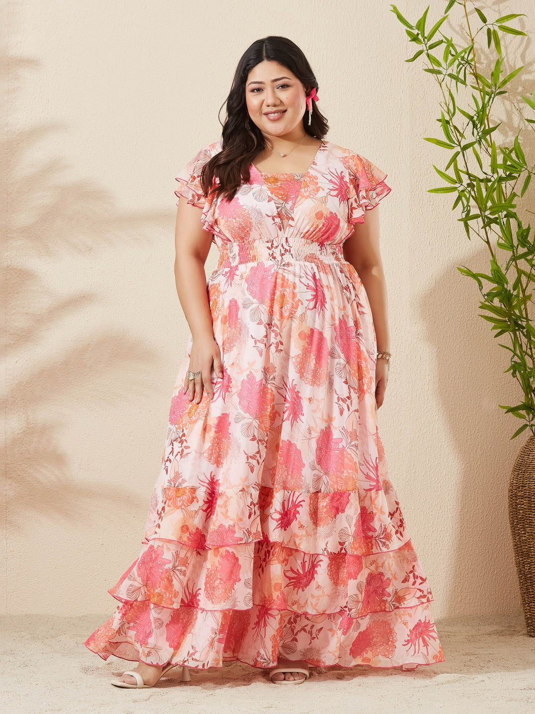 Light Peach Tapered Square Neck Layered Ruffle Floral Ruffled Maxi Chiffon Dress for Women