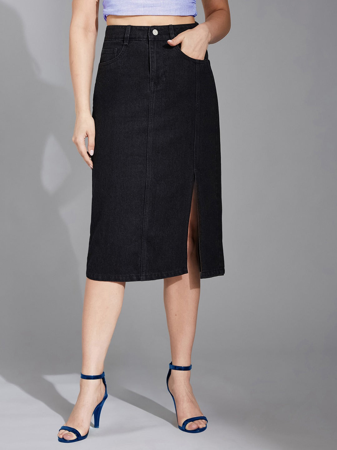 Black Straight-Fit High-Rise Stretchable Denim Midi Skirt for Women